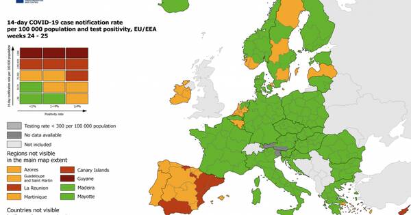 خريطة من ECDC توضح مستويات خطر الإصابة بفيروس كورونا للدول الأعضاء في الاتحاد الأوروبي - 1 يوليو 2021